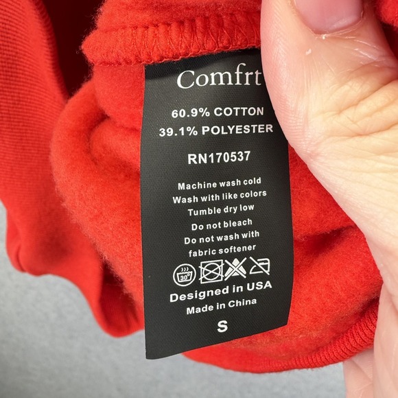 Comfrt Hoodie Sweatshirt Mens Small Red Fleece Pullover Kangaroo Pocket Logo - Picture 10 of 11